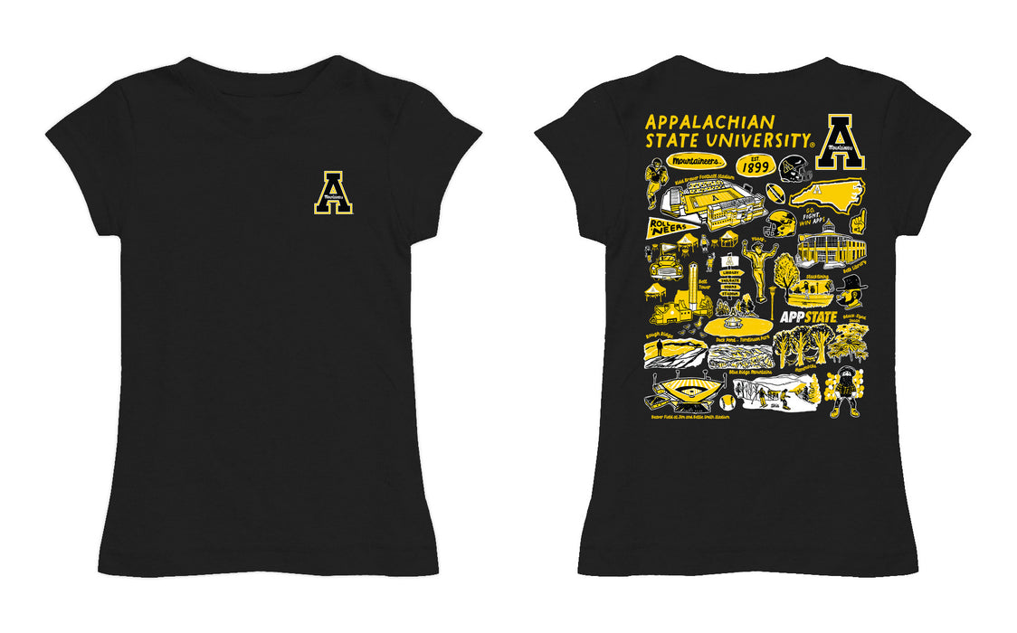 Appalachian State Mountaineers Hand Sketched Vive La Fete Impressions Artwork Black Girls Cotton Short Sleeve Tee - Vive La Fête - Online Apparel Store