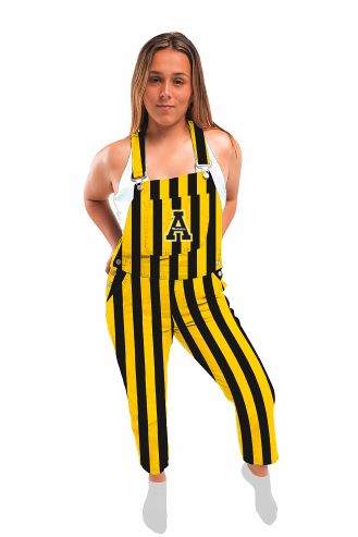 App State Mountaineers Vive La Fete Gold Black Stripes Logo Womens Overall Team Bibs