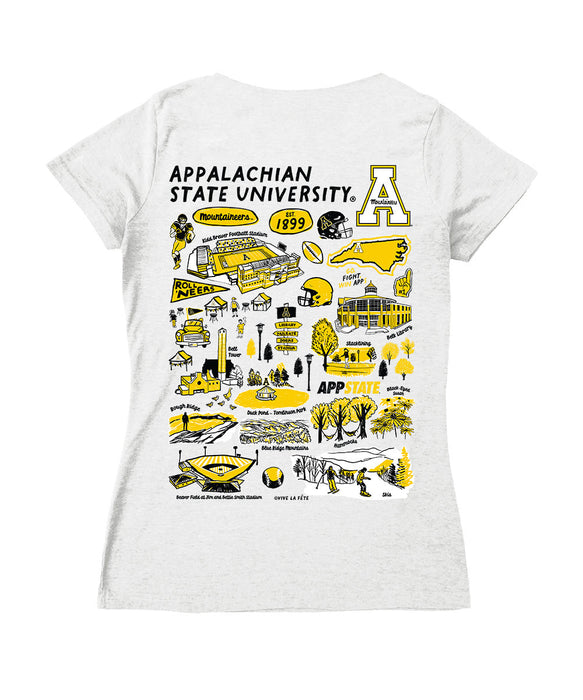 App State Mountaineers Hand Sketched Vive La Fete Impressions Artwork Black Women Cotton Short Sleeve V-Neck Tshirt