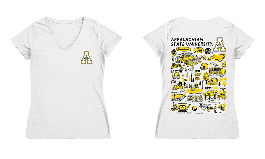App State Mountaineers Hand Sketched Vive La Fete Impressions Artwork Black Women Cotton Short Sleeve V-Neck Tshirt