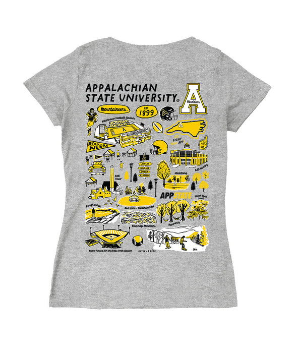 App State Mountaineers Hand Sketched Vive La Fete Impressions Artwork Black Women Cotton Short Sleeve V-Neck Tshirt