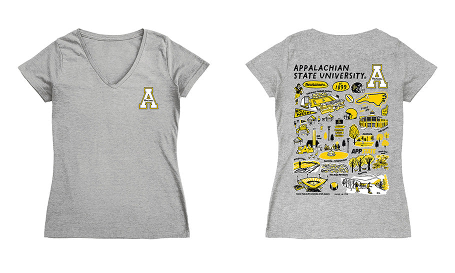App State Mountaineers Hand Sketched Vive La Fete Impressions Artwork Black Women Cotton Short Sleeve V-Neck Tshirt