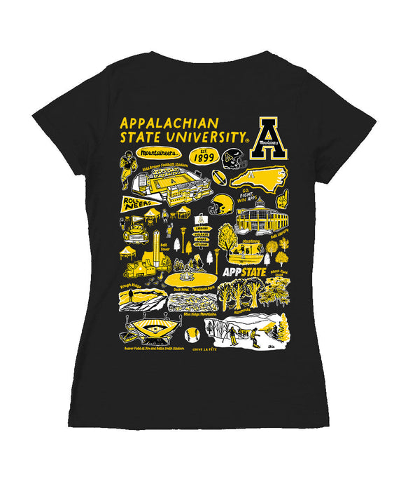 App State Mountaineers Hand Sketched Vive La Fete Impressions Artwork Black Women Cotton Short Sleeve V-Neck Tshirt