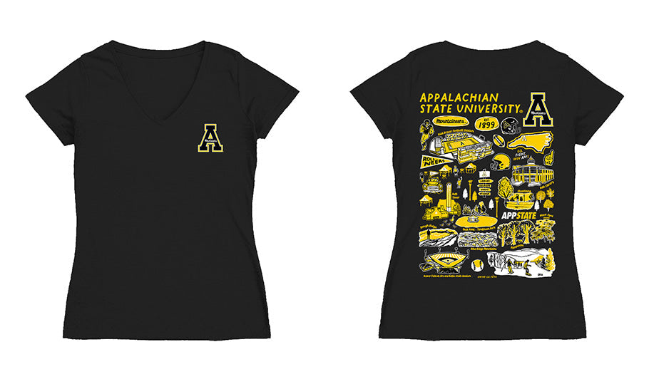 App State Mountaineers Hand Sketched Vive La Fete Impressions Artwork Black Women Cotton Short Sleeve V-Neck Tshirt