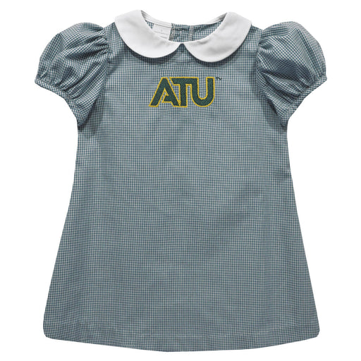 Arkansas Tech Jerry the Bulldog ATU Embroidered Hunter Green Gingham Short Sleeve A Line Dress