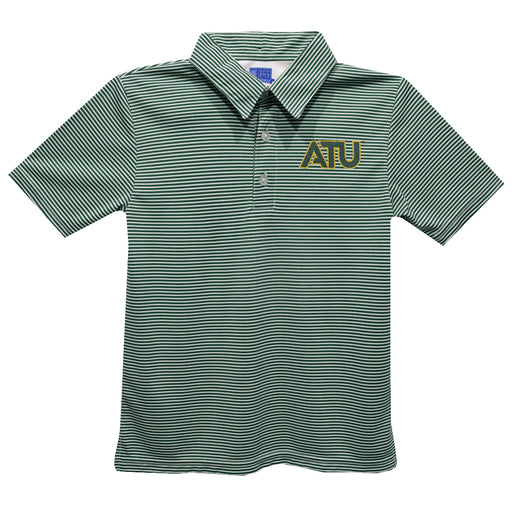 Arkansas Tech Jerry the Bulldog ATU Embroidered Hunter Green Stripes Short Sleeve Polo Box Shirt