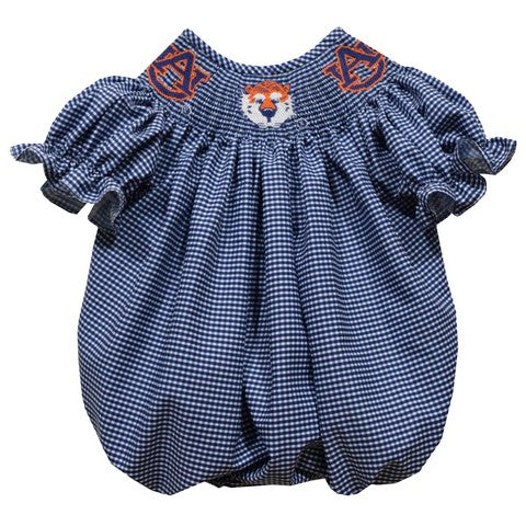Auburn Tigers Smocked Navy Gingham Short Sleeve Girls Bubble