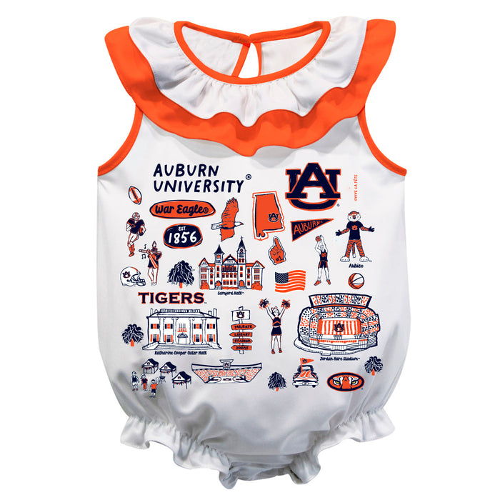 Auburn University Tigers White Hand Sketched Vive La Fete Impressions Artwork Sleeveless Ruffle Onesie Bodysuit