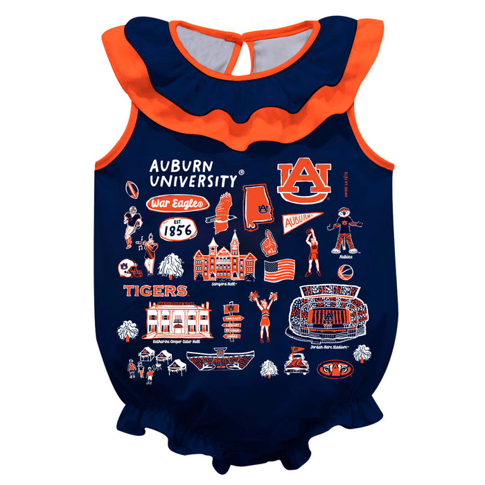 Auburn University Tigers Navy Hand Sketched Vive La Fete Impressions Artwork Sleeveless Ruffle Onesie Bodysuit