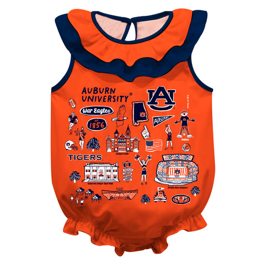 Auburn University Tigers Orange Hand Sketched Vive La Fete Impressions Artwork Sleeveless Ruffle Onesie Bodysuit