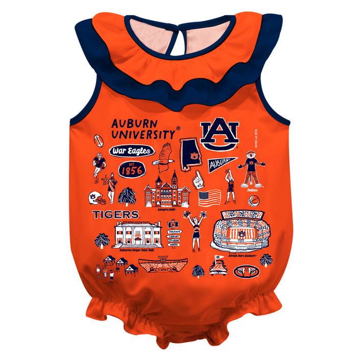 Auburn University Tigers Orange Hand Sketched Vive La Fete Impressions Artwork Sleeveless Ruffle Onesie Bodysuit