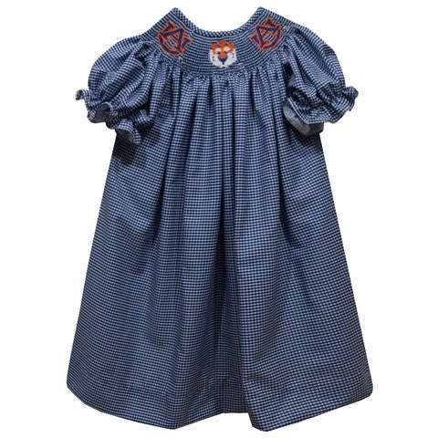 Auburn Tigers Smocked Navy Gingham Short Sleeve Bishop