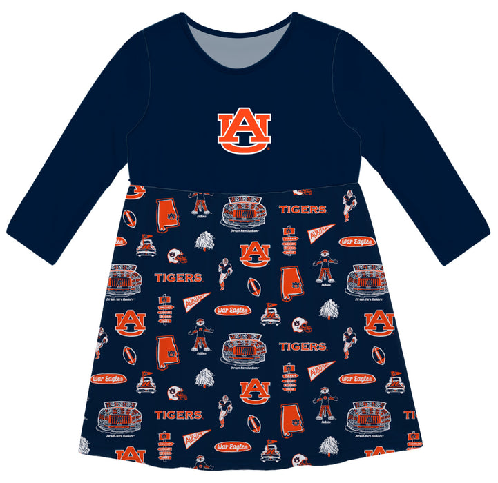 Auburn University Tigers Long Sleeve Solid Navy Repeat Print Hand Sketched Impressions Artwork on Skirt
