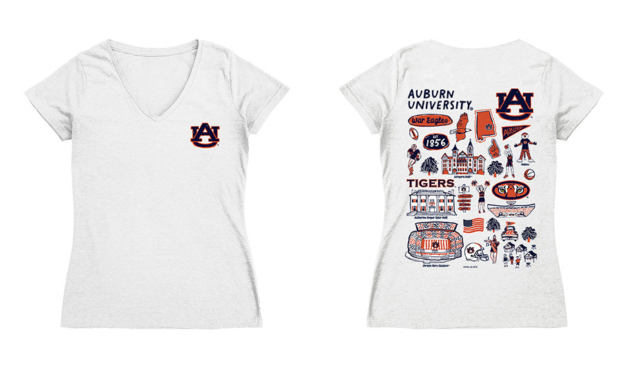 Auburn University TigersHand Sketched Vive La Fete Impressions Artwork Navy Women Cotton Short Sleeve V-Neck Tshirt