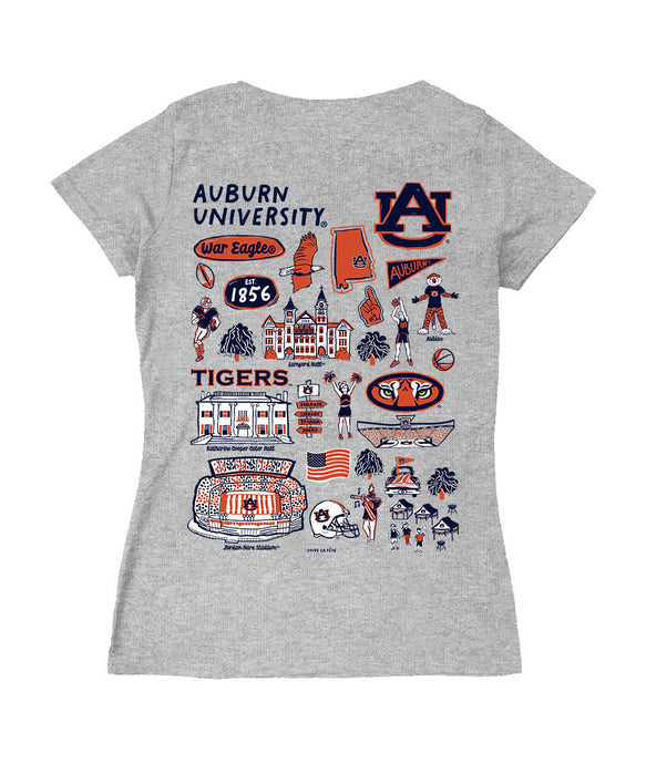Auburn University TigersHand Sketched Vive La Fete Impressions Artwork Navy Women Cotton Short Sleeve V-Neck Tshirt