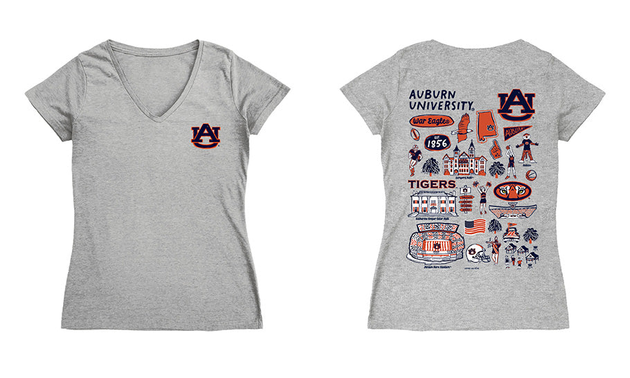 Auburn University TigersHand Sketched Vive La Fete Impressions Artwork Navy Women Cotton Short Sleeve V-Neck Tshirt