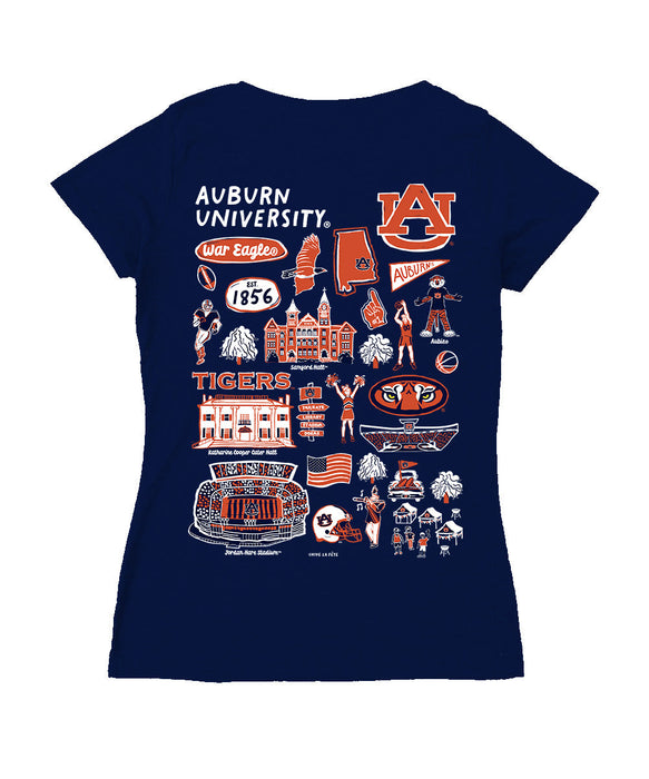 Auburn University TigersHand Sketched Vive La Fete Impressions Artwork Navy Women Cotton Short Sleeve V-Neck Tshirt