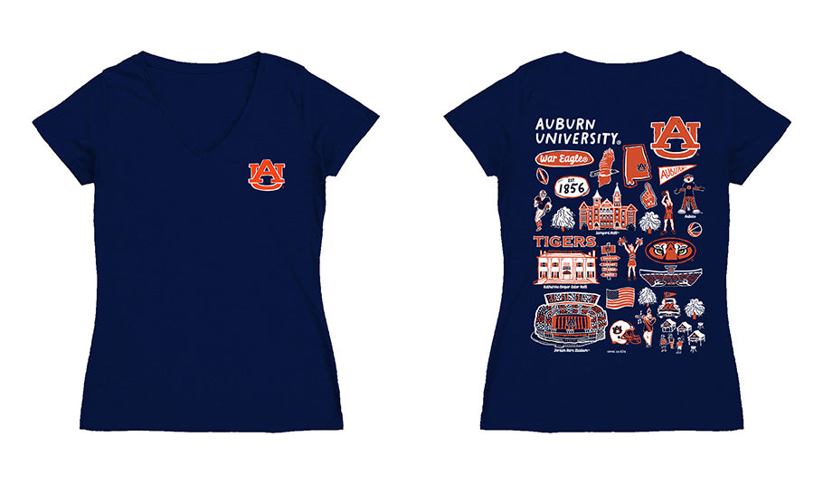 Auburn University TigersHand Sketched Vive La Fete Impressions Artwork Navy Women Cotton Short Sleeve V-Neck Tshirt