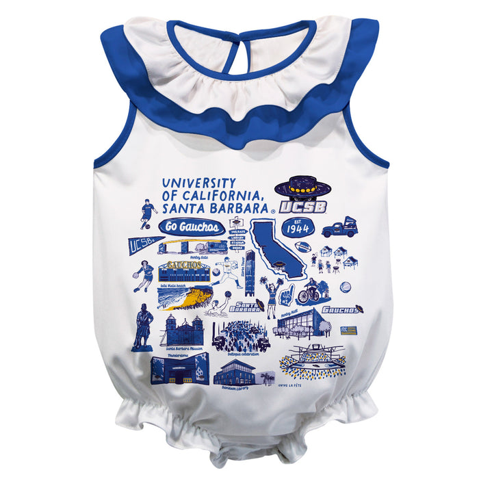 UC Santa Barbara Gauchos UCSB  White Hand Sketched Vive La Fete Impressions Artwork Sleeveless Ruffle Onesie Bodysuit