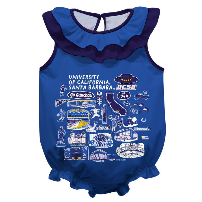 UC Santa Barbara Gauchos UCSB  Blue Hand Sketched Vive La Fete Impressions Artwork Sleeveless Ruffle Onesie Bodysuit