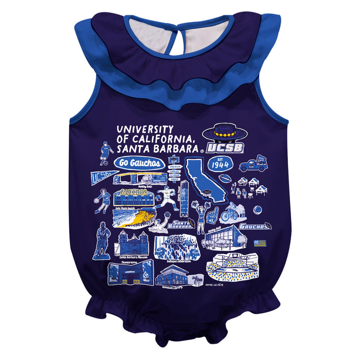 UC Santa Barbara Gauchos UCSB  Purple Hand Sketched Vive La Fete Impressions Artwork Sleeveless Ruffle Onesie Bodysuit