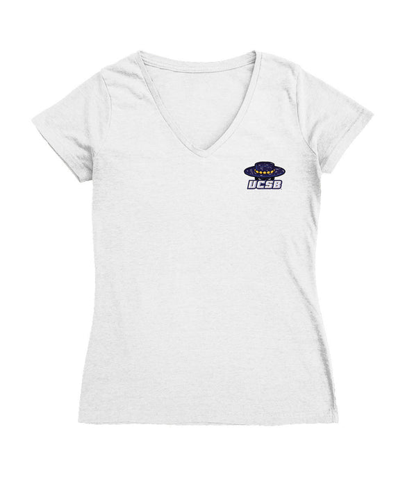 UC Santa Barbara Gauchos Hand Sketched Vive La Fete Impressions Artwork White Women Cotton Short Sleeve V-Neck Tshirt