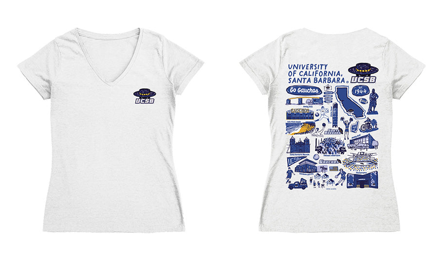 UC Santa Barbara Gauchos Hand Sketched Vive La Fete Impressions Artwork Royal Women Cotton Short Sleeve V-Neck Tshirt