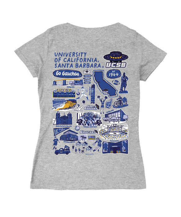 UC Santa Barbara Gauchos Hand Sketched Vive La Fete Impressions Artwork Royal Women Cotton Short Sleeve V-Neck Tshirt