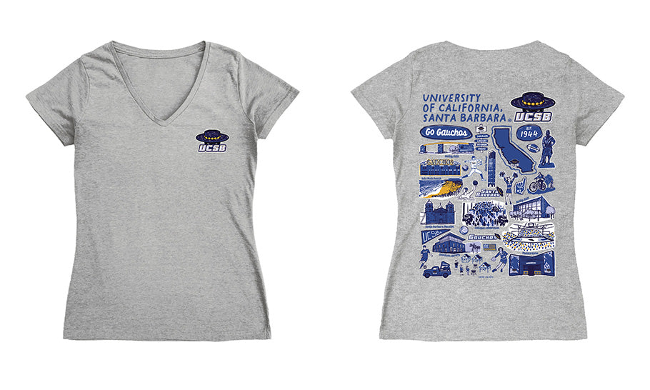 UC Santa Barbara Gauchos Hand Sketched Vive La Fete Impressions Artwork Royal Women Cotton Short Sleeve V-Neck Tshirt