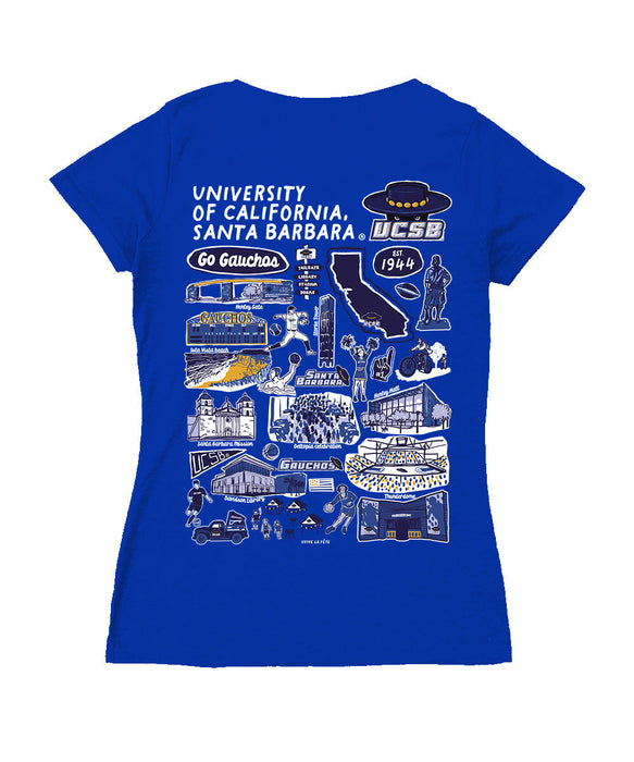 UC Santa Barbara Gauchos Hand Sketched Vive La Fete Impressions Artwork Royal Women Cotton Short Sleeve V-Neck Tshirt