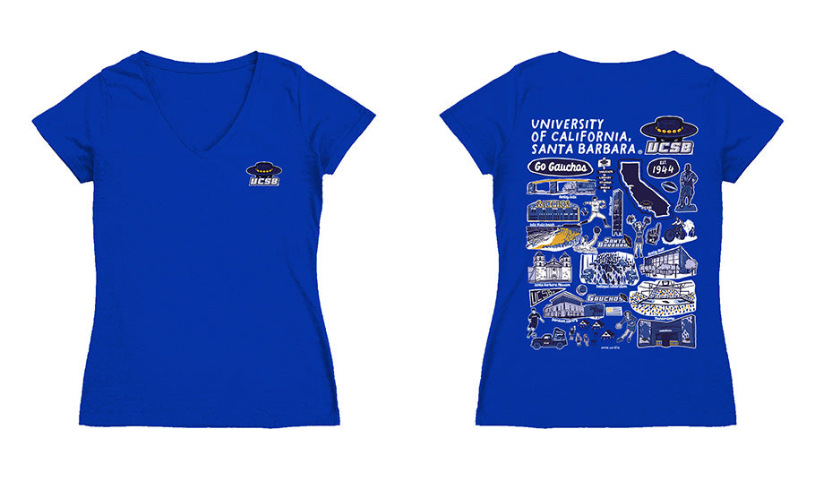UC Santa Barbara Gauchos Hand Sketched Vive La Fete Impressions Artwork Royal Women Cotton Short Sleeve V-Neck Tshirt