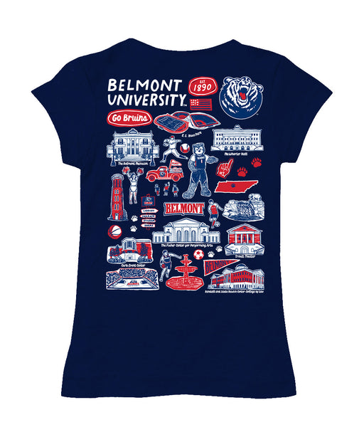 Belmont University Bruins Hand Sketched Vive La Fete Impressions Artwork Navy Girls Cotton Short Sleeve Tee - Vive La Fête - Online Apparel Store