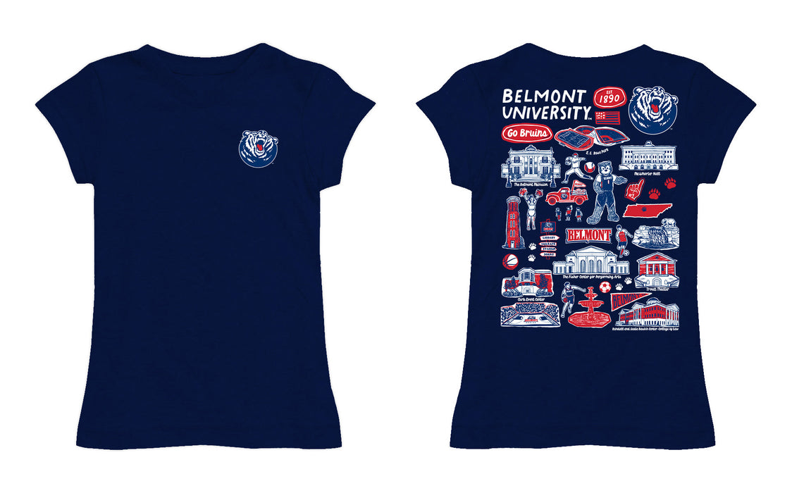 Belmont University Bruins Hand Sketched Vive La Fete Impressions Artwork Navy Girls Cotton Short Sleeve Tee - Vive La Fête - Online Apparel Store