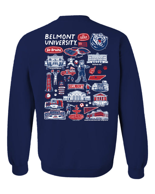 Belmont University Bruins Hand Sketched Artwork Navy Crewneck Sweatshirt for Women - Vive La Fête - Online Apparel Store