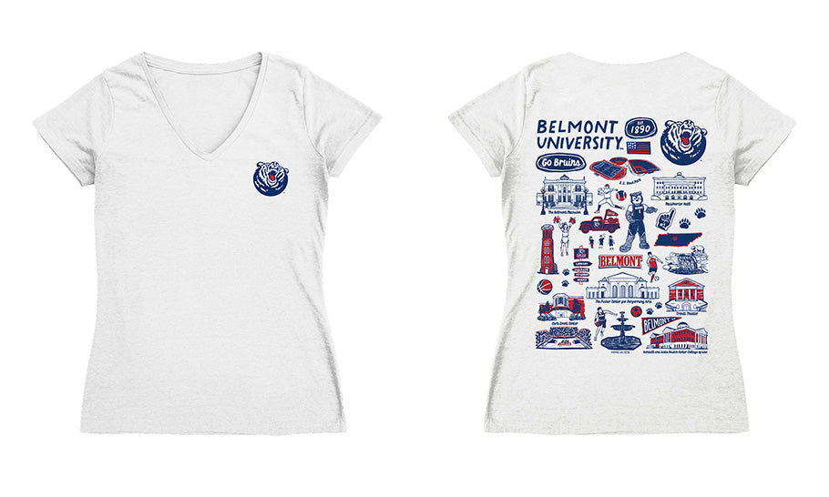 Belmont University Bruins Hand Sketched Vive La Fete Impressions Artwork Navy Women Cotton Short Sleeve V-Neck Tshirt