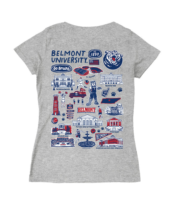 Belmont University Bruins Hand Sketched Vive La Fete Impressions Artwork Navy Women Cotton Short Sleeve V-Neck Tshirt