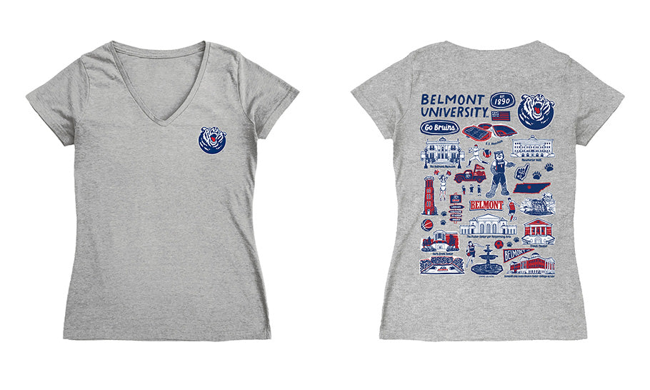 Belmont University Bruins Hand Sketched Vive La Fete Impressions Artwork Navy Women Cotton Short Sleeve V-Neck Tshirt
