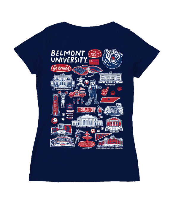 Belmont University Bruins Hand Sketched Vive La Fete Impressions Artwork Navy Women Cotton Short Sleeve V-Neck Tshirt