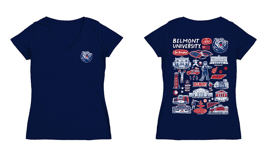 Belmont University Bruins Hand Sketched Vive La Fete Impressions Artwork Navy Women Cotton Short Sleeve V-Neck Tshirt