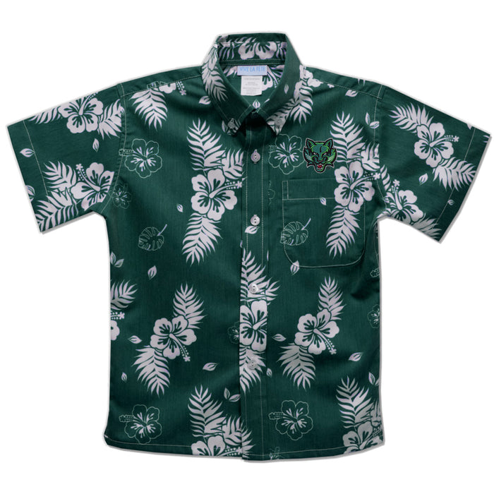 Binghamton University Bearcats Embroidered Hunter Green Hawaiian Short Sleeve Button Down Shirt