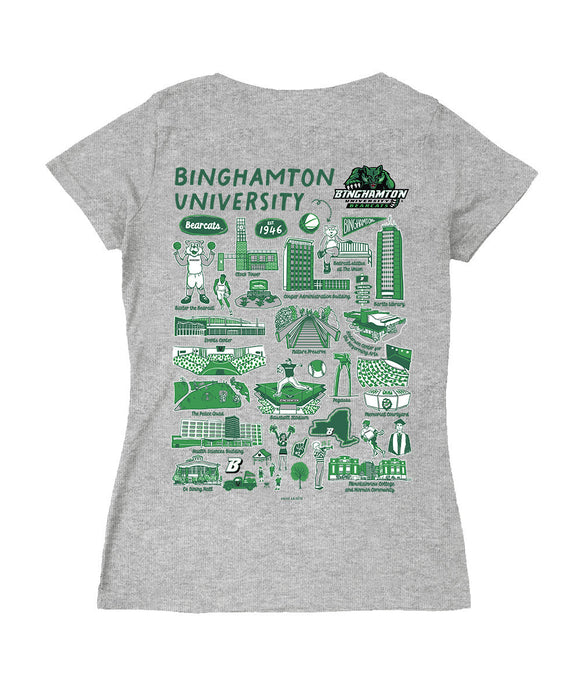 Binghamton Bearcats Hand Sketched Vive La Fete Impressions Artwork Green Women Cotton Short Sleeve V-Neck Tshirt
