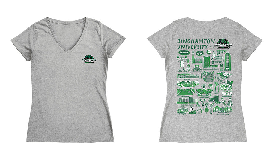 Binghamton Bearcats Hand Sketched Vive La Fete Impressions Artwork Green Women Cotton Short Sleeve V-Neck Tshirt