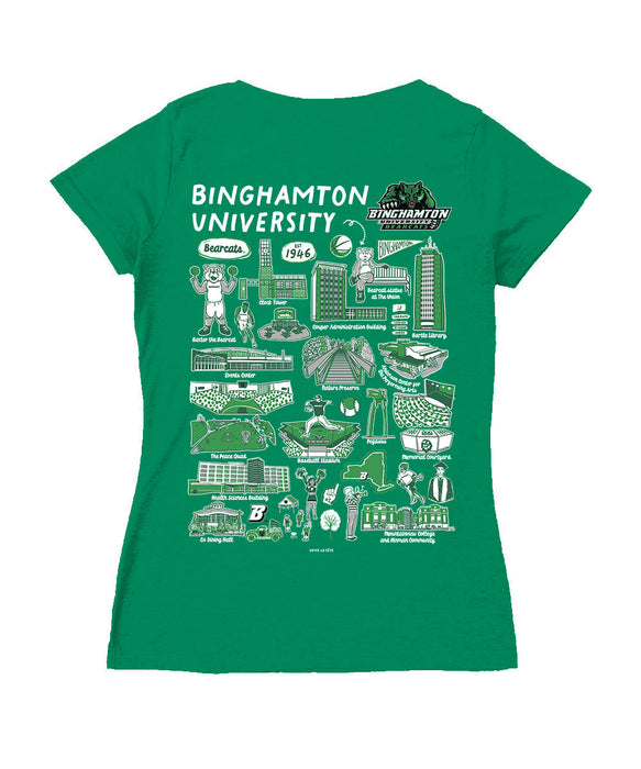 Binghamton Bearcats Hand Sketched Vive La Fete Impressions Artwork Green Women Cotton Short Sleeve V-Neck Tshirt