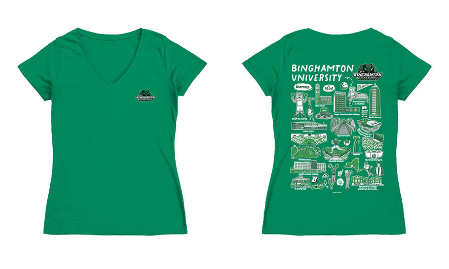 Binghamton Bearcats Hand Sketched Vive La Fete Impressions Artwork Green Women Cotton Short Sleeve V-Neck Tshirt