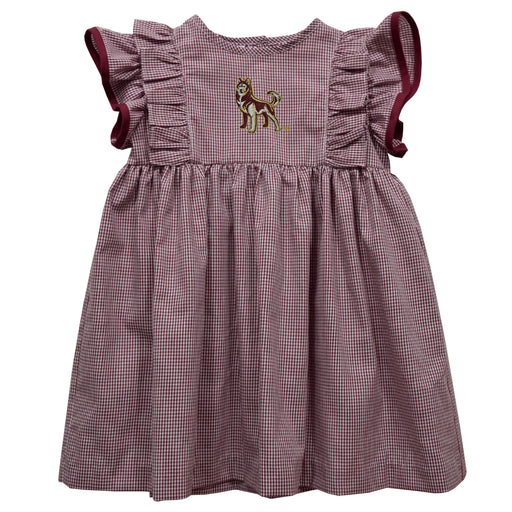 Bloomsburg University Huskies Embroidered Maroon Gingham Ruffle Dress