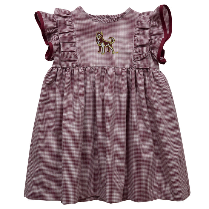 Bloomsburg University Huskies Embroidered Maroon Gingham Ruffle Dress