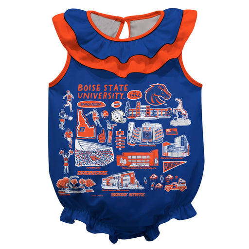 Boise State University Broncos  Blue Hand Sketched Vive La Fete Impressions Artwork Sleeveless Ruffle Onesie Bodysuit