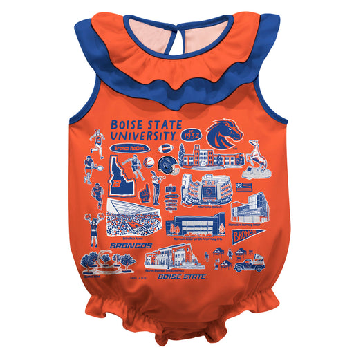 Boise State University Broncos  Orange Hand Sketched Vive La Fete Impressions Artwork Sleeveless Ruffle Onesie Bodysuit