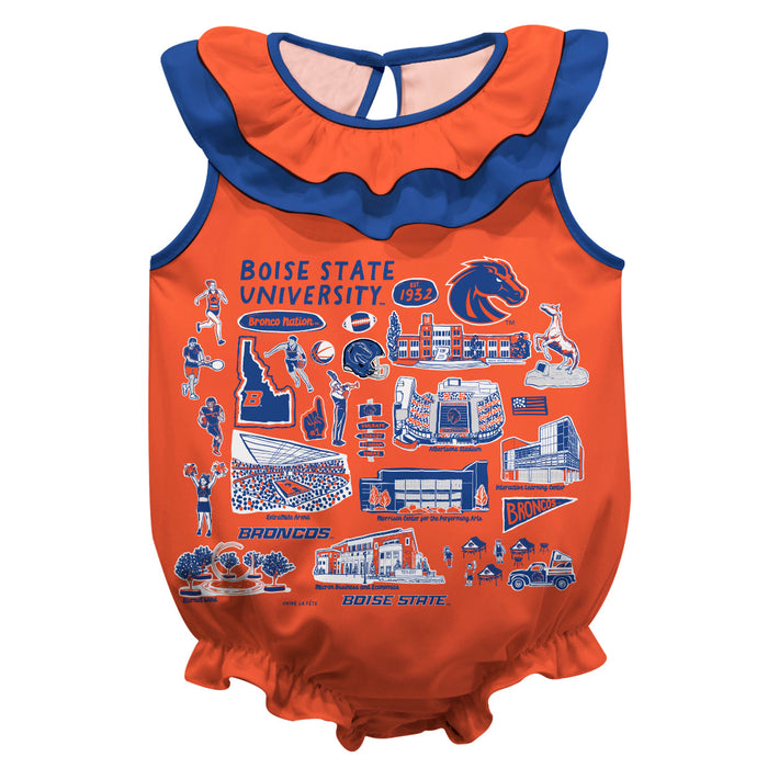 Boise State University Broncos  Orange Hand Sketched Vive La Fete Impressions Artwork Sleeveless Ruffle Onesie Bodysuit