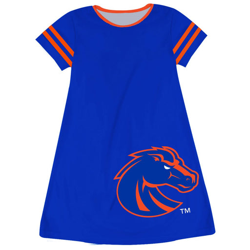 Boise State University Broncos Vive La Fete Girls Game Day Short Sleeve Blue A-Line Dress with large Logo